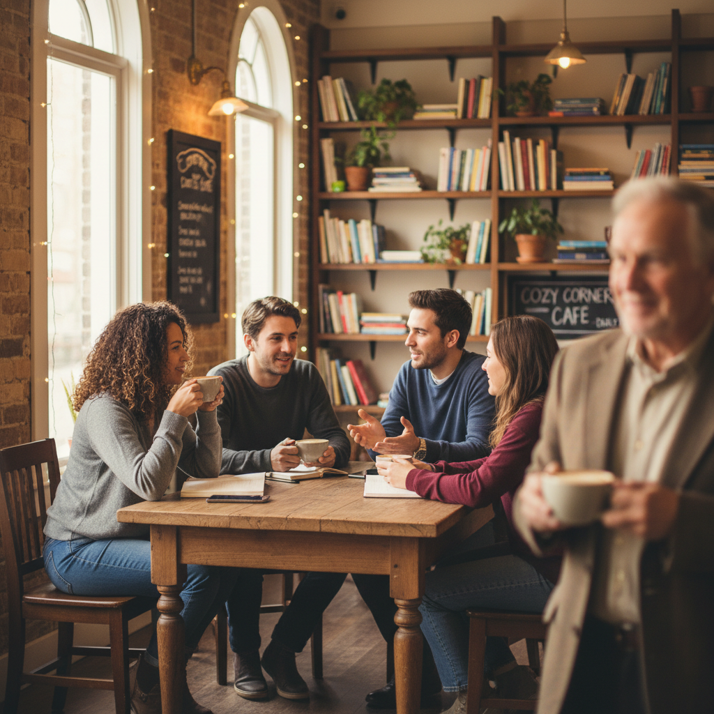 Small group of people in a cozy café having a casual conversation with a teacher in the background